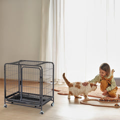 26 Inch Thickened Metal Cat Cage, Lockable Wheels and Slide-out Trays