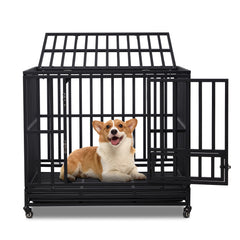 42 Inch Heavy Duty Dog Crate for Large Dogs with Lockable Wheels and Removable Tray