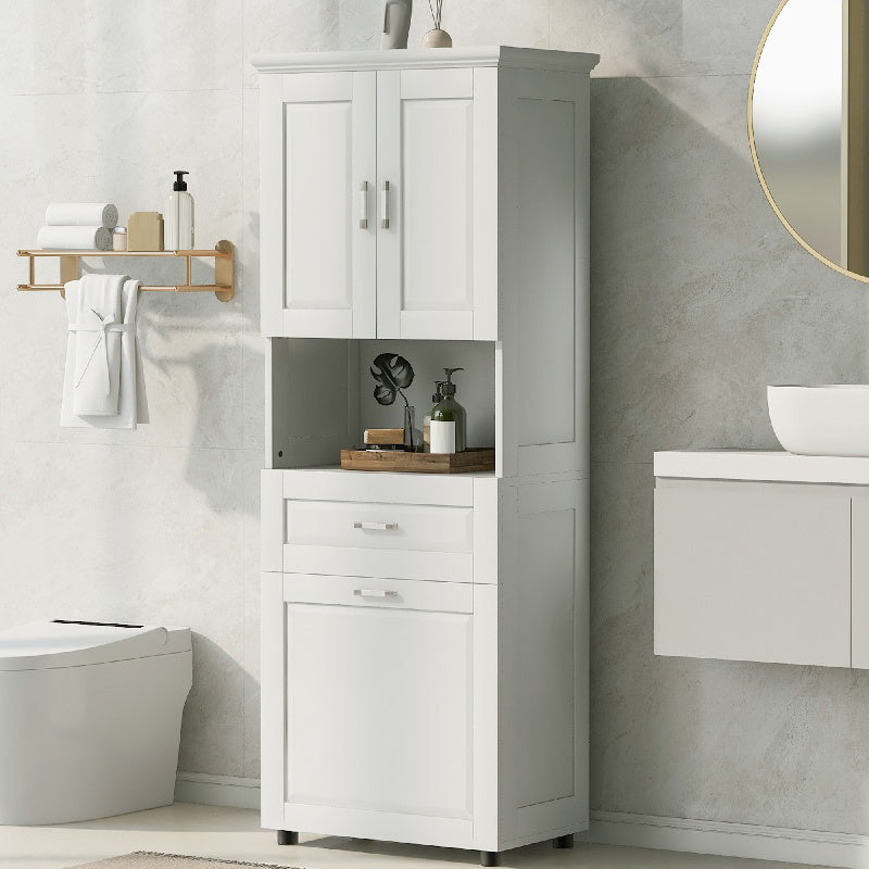 70" Tall Bathroom Cabinet with Laundry Basket，White