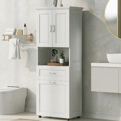 70" Tall Bathroom Cabinet with Laundry Basket，White