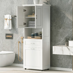 70" Tall Bathroom Cabinet with Laundry Basket，White
