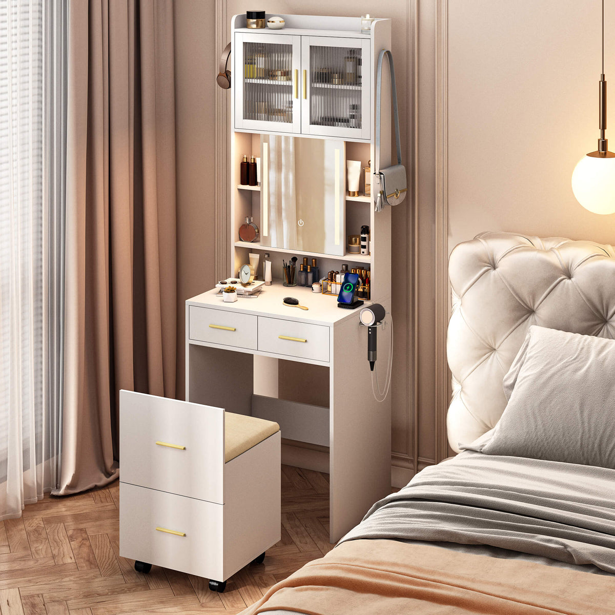68.9" Small Dressing Table Set with Sliding LED Light Mirror and Stool
