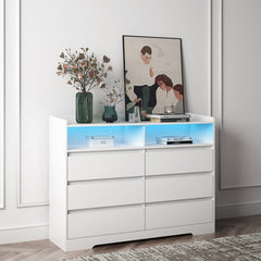 51.1" White Bedroom 6 Drawer Dresser with LED Light