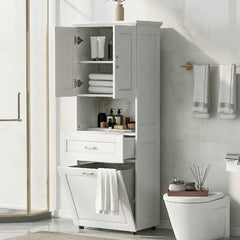70" Tall Bathroom Cabinet with Laundry Basket，White
