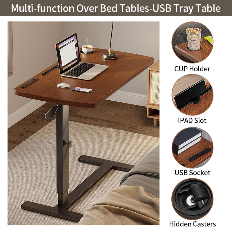 Adjustable Overbed Table With USB Charging - Mobile Standing Desk For Hospital & Home Use