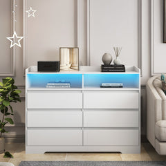 51.1" White Bedroom 6 Drawer Dresser with LED Light