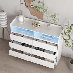 51.1" White Bedroom 6 Drawer Dresser with LED Light