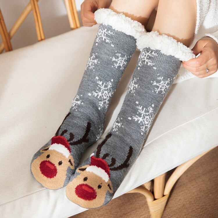 Women Fleece Christmas Slipper Socks with Gripper