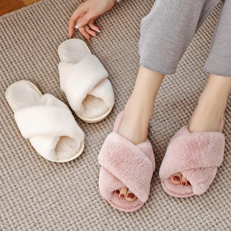 Cross Band Fluffy House Slippers for Women