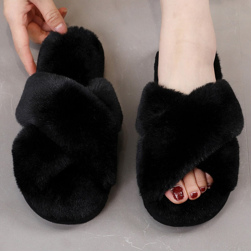 Cross Band Fluffy House Slippers for Women