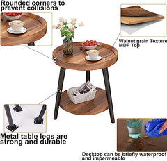 Round Wood Coffee Table, Double-Layer Walnut Small Side Table For Living Room