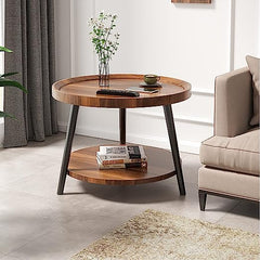 Round Wood Coffee Table, Double-Layer Walnut Small Side Table For Living Room