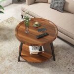 Round Wood Coffee Table, Double-Layer Walnut Small Side Table For Living Room
